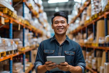 Asian salesman smiling holding a tablet and checking the stock and supplies in a warehouse