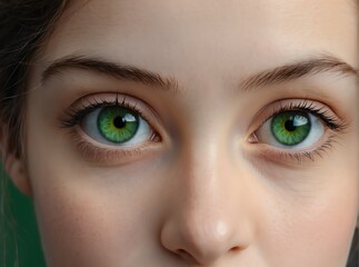 Obraz premium Closeup detailed of staring green eyes of young woman from Generative AI