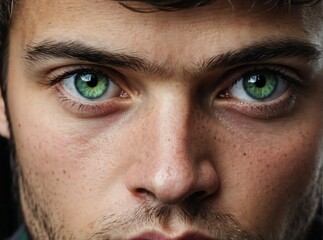 Naklejka premium Closeup detailed of staring green eyes of a young man from Generative AI
