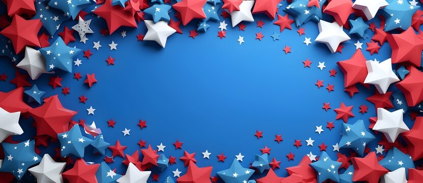 patriotic celebration background with american flag and stars, in the style of paper cut-outs, white background, minimalist still life, aerial view, decorative borders, poster, lively tableaus