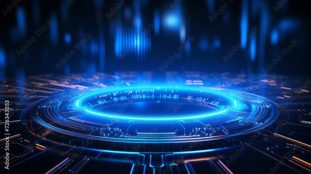 Poster vibrant blue technology background with abstract digital tech circles - copy space available