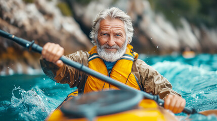 A elderly man rowing on a yellow kayak. 