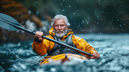A elderly man rowing on a yellow kayak.