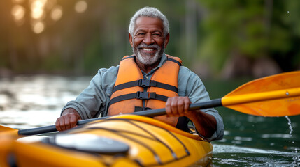 A elderly man rowing on a yellow kayak.