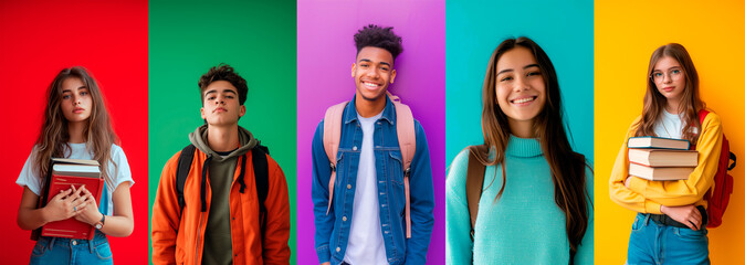 Collage of diverse high school students on colorful background.
