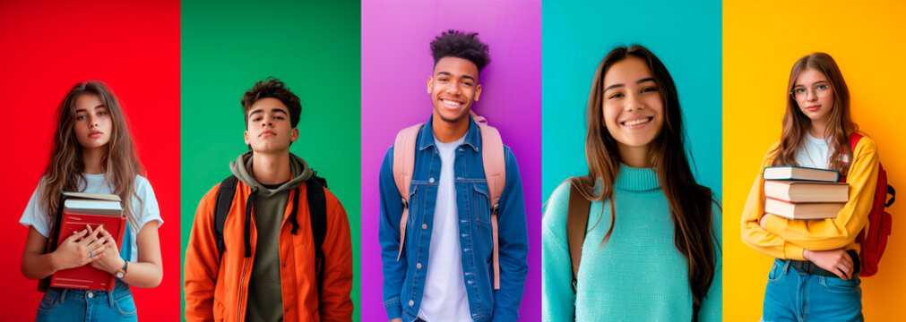 Collage of diverse high school students on colorful background. © henjon