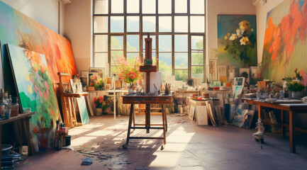 Fototapeta na wymiar Sunny art studio with easels and paintings in creative workspace