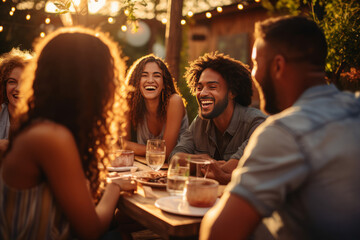 Friends laughing and enjoying dinner at sunset outdoor party