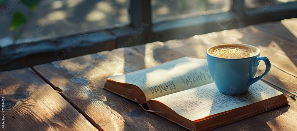 Poster Vintage morning scene with hot cup of coffee and open book on wooden table reflecting relaxing and educational lifestyle ideal for concepts of leisure work study and knowledge set in cozy home or cafe