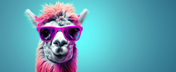 Stylish llama with pink hair and sunglasses on teal background