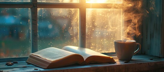 Vintage morning scene with hot cup of coffee and open book on wooden table reflecting relaxing and educational lifestyle ideal for concepts of leisure work study and knowledge set in cozy home or cafe