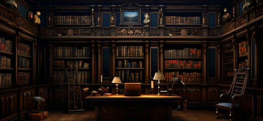  old library with many books, colorful woodcarvings, rich, painterly surfaces , old books,stand the...