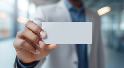 Hand Holding Blank White Card with Blurred Background
