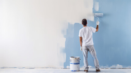 Man painting wall with roller in hand, home renovation concept