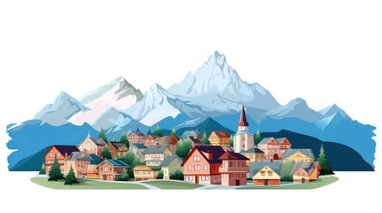 Fototapete Berge Scenic mountain village illustration with snow-capped peaks and cozy homes