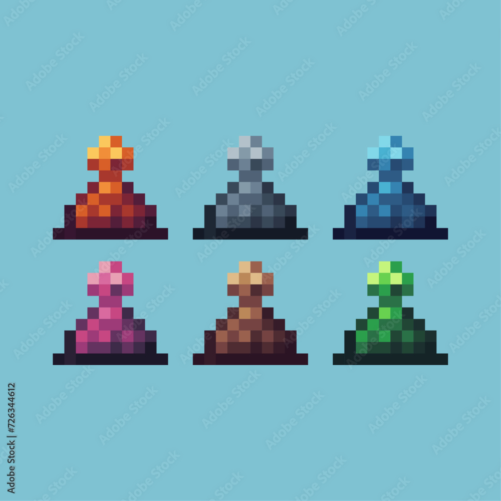 Poster pixel art sets icon of chess pieces variation color.chess icon on pixelated style. 8bits perfect for