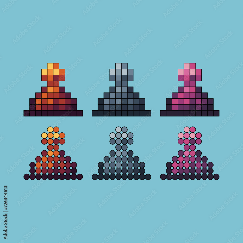 Poster pixel art stroke sets icon of chess pieces variation color.chess icon on pixelated style. 8bits perf