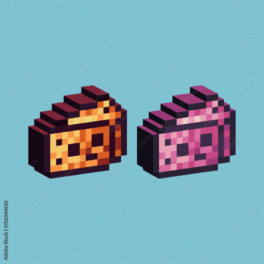 Poster isometric pixel art 3d of cheese icon for items asset.cheese icon on pixelated style.8bits perfect f