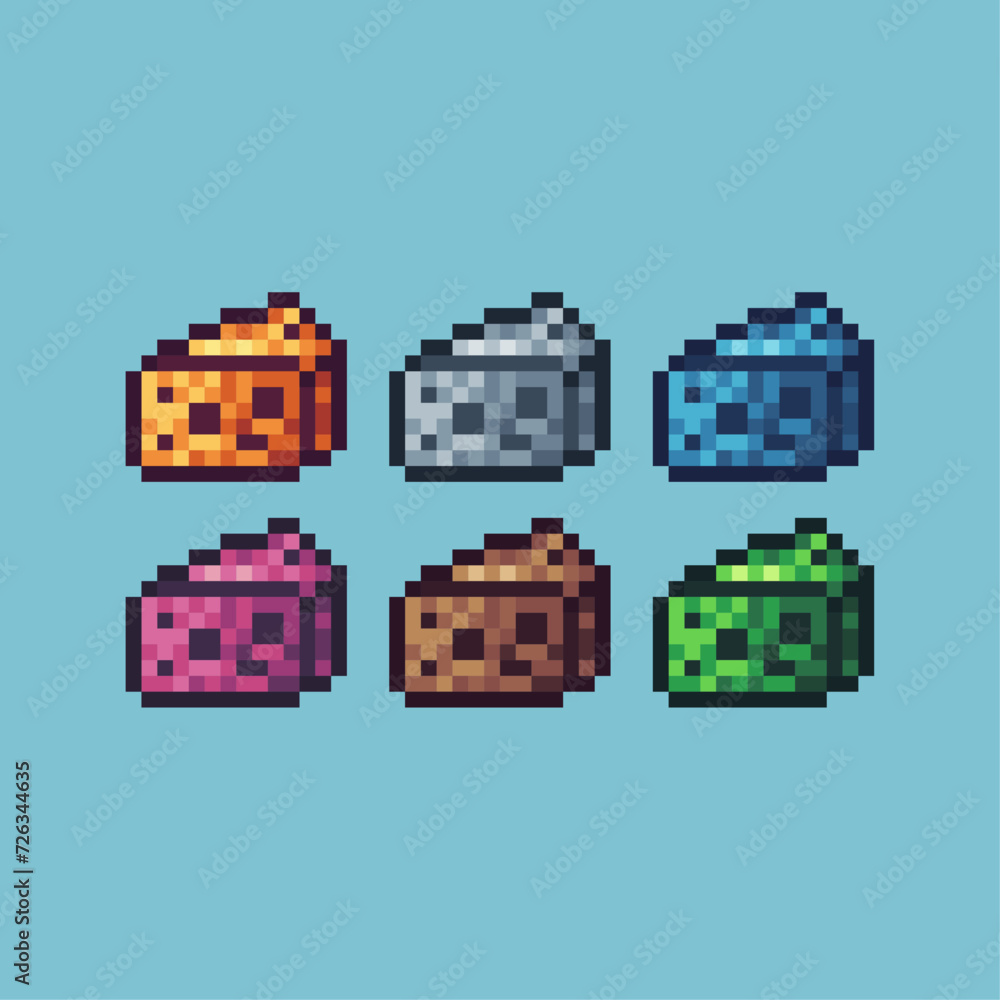 Poster pixel art sets icon of cheese variation color. cheese icon on pixelated style. 8bits perfect for gam
