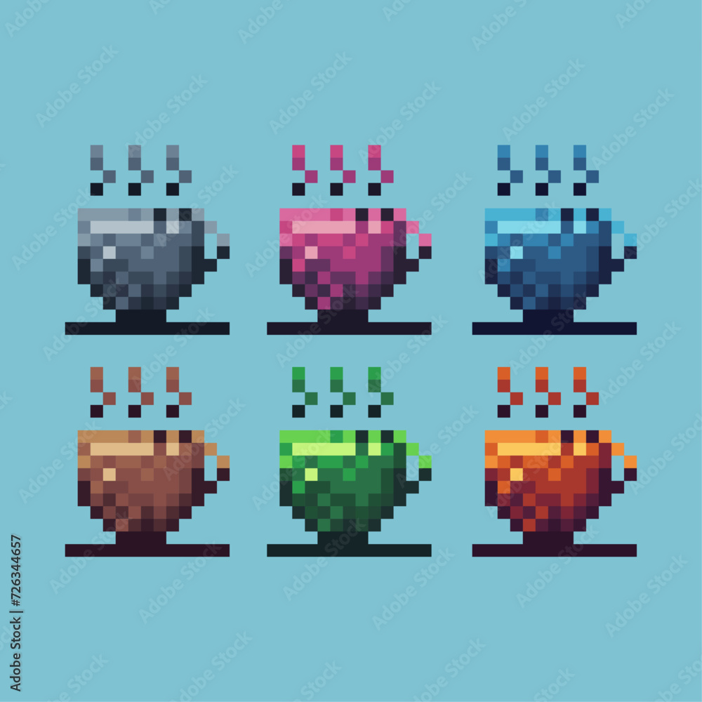 Poster pixel art sets icon of cup of coffee variation color. coffee icon on pixelated style. 8bits perfect 