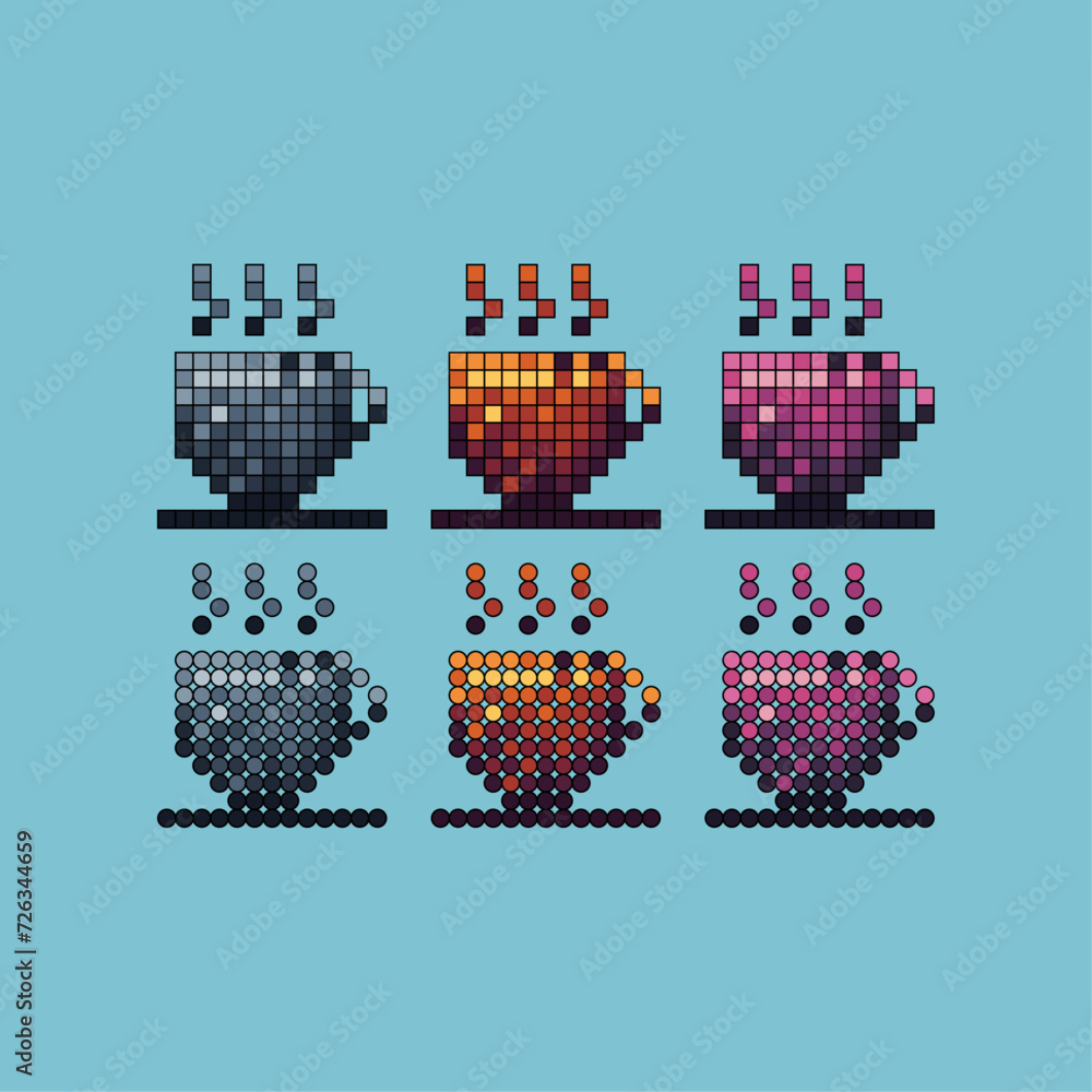 Poster pixel art stroke sets icon of cup of coffee variation color. coffee icon on pixelated style. 8bits p