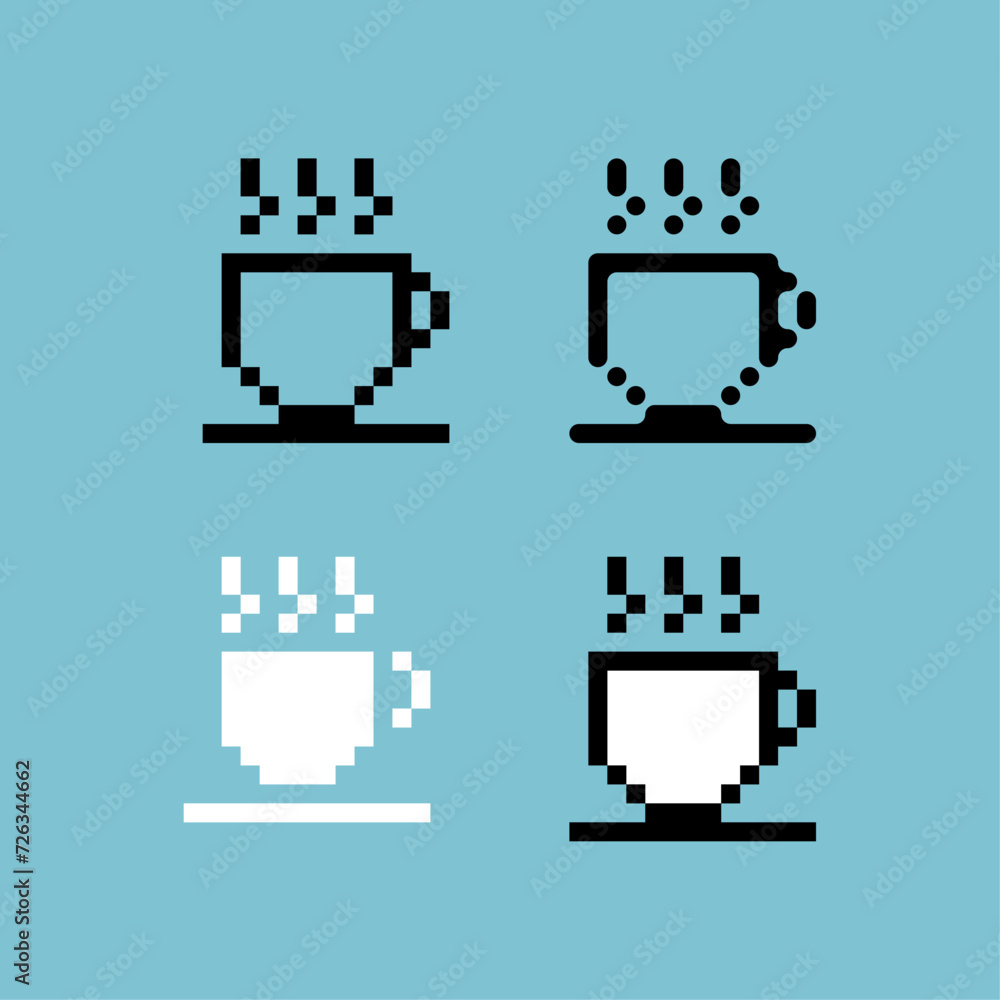 Poster pixel art outline sets icon of cup of coffee variation color. coffee icon on pixelated style. 8bits 