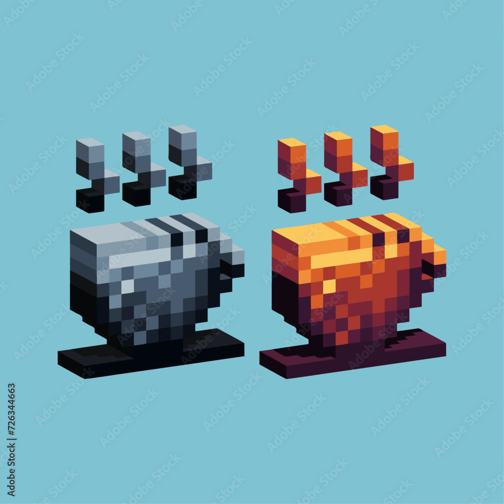 Poster isometric pixel art 3d of cup of coffee icon for items asset. cup coffee drink icon on pixelated sty