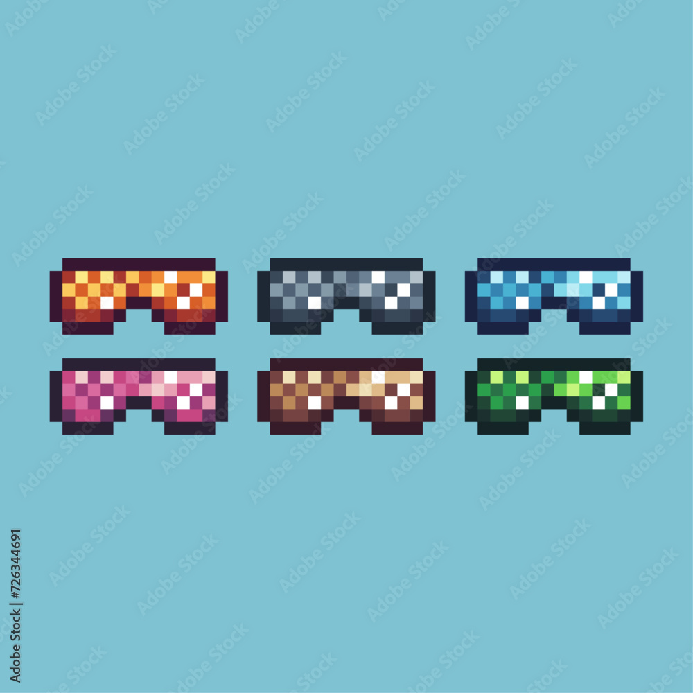 Poster pixel art sets icon of glasses variation color. glasses icon on pixelated style. 8bits perfect for g