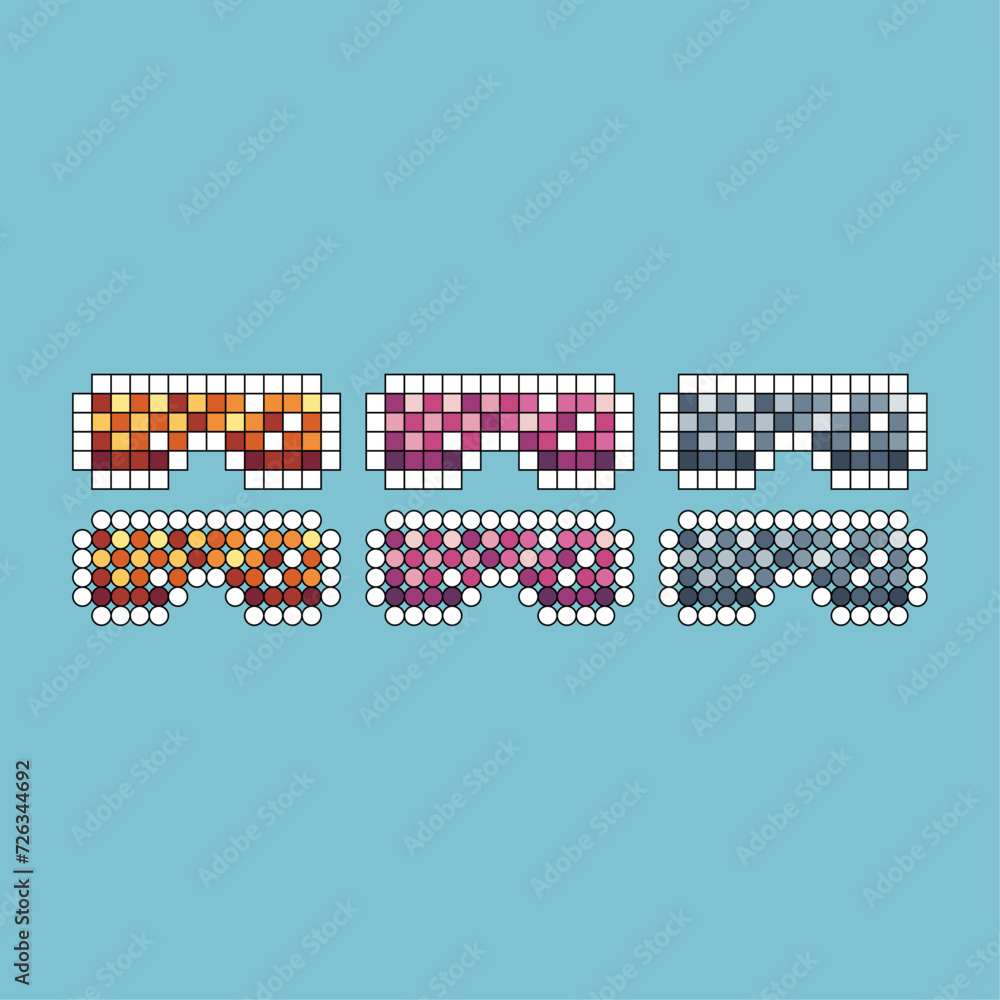 Poster pixel art stroke sets icon of glasses variation color. glasses icon on pixelated style. 8bits perfec