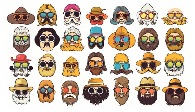 Variety of cartoon male faces with beards and sunglasses illustration