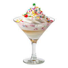 Sweet birthday cake martini cocktail topped with whipped cream isolated on transparent background Remove png, Clipping Path, pen tool, white