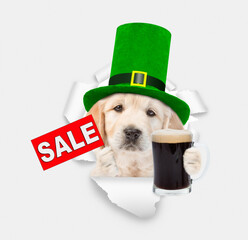 Saint Patrick's Day concept. Cute Golden retriever puppy wearing green hat of the leprechaun looks...