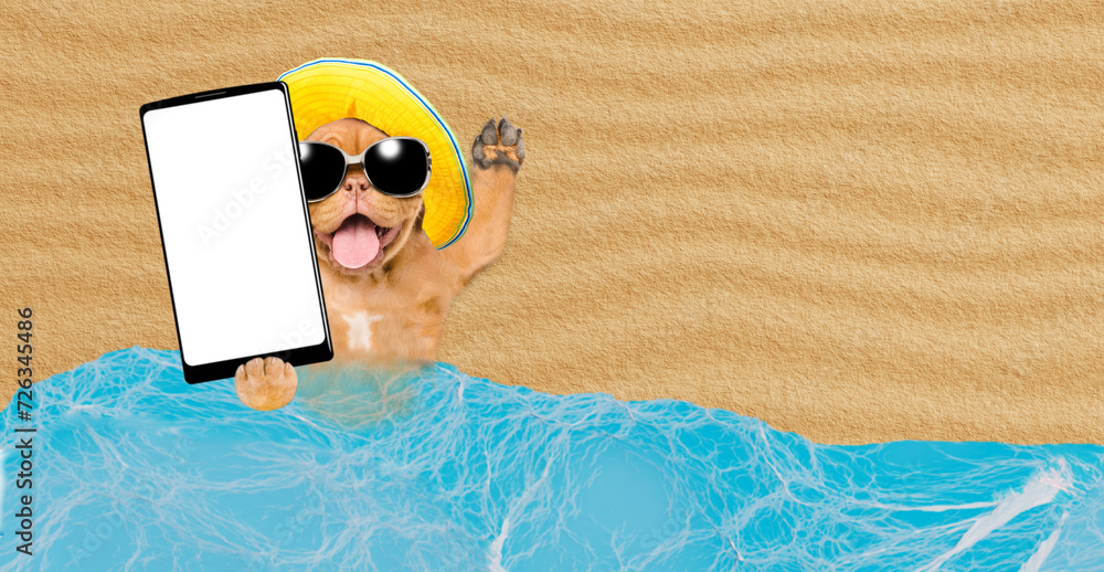 Aufkleber funny mastiff puppy wearing summer hat and sunglasses lying at beach and showing big smartphone with