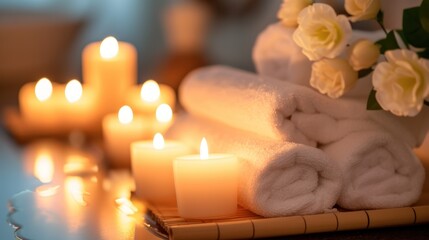 Obraz na płótnie Canvas Beauty spa treatment with candles. Spa treatment set. generative AI image