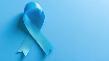 Blue ribbon on Blue background. symbol of AIDS and HIV. Copy space for text. generative AI - obrazy, fototapety, plakaty