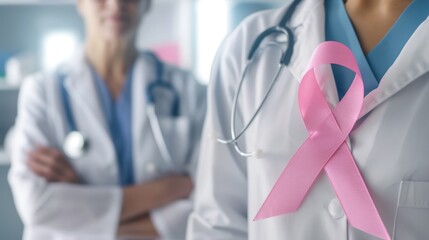 Breast cancer awareness pink ribbon. Pink bow on surgeon doctor gown in clinic or hospital. - obrazy, fototapety, plakaty
