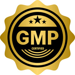 GMP Certified or Good Manufacturing Practice Certified gold badge stamp, golden GMP certified stamp