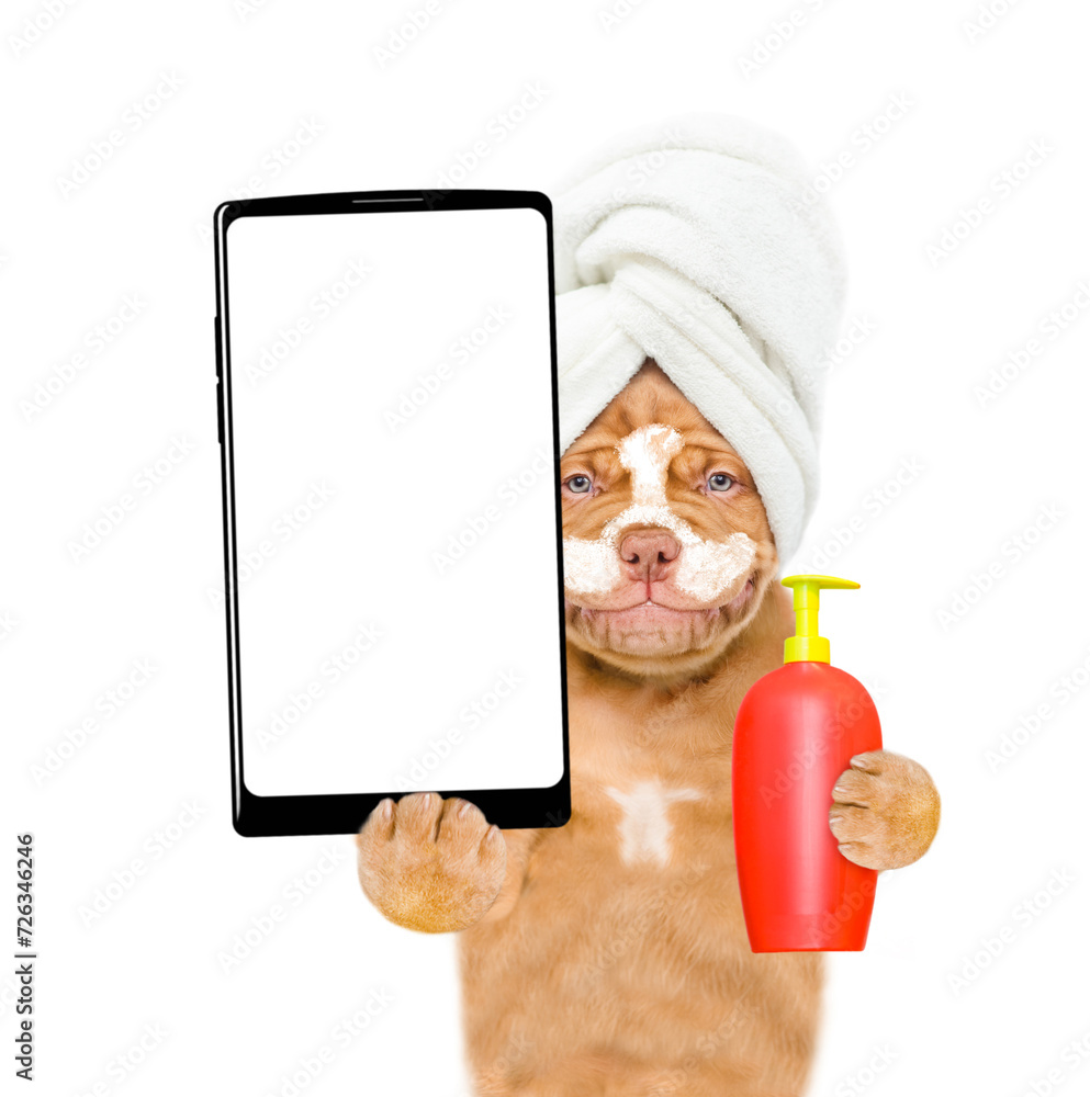 Poster smiling mastiff puppy with towel on it head, with pieces of cucumber on it eyes and with cream on it