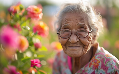 Old Woman With Glasses Standing in Field of Flowers