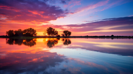 Fototapeta na wymiar Serene Lake at Sunset: Peaceful Evening Scenery