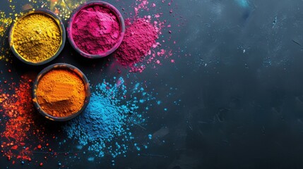Obraz na płótnie Canvas Holi festival .Top view of colorful holi powder on dark background with copy space for text.