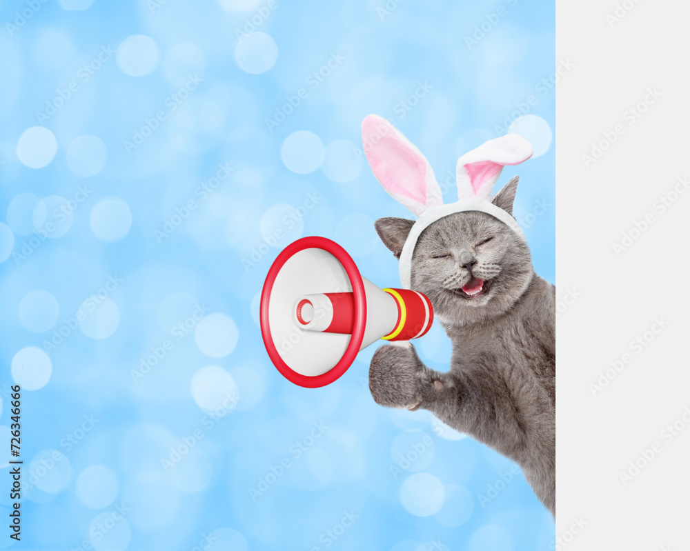 Poster happy kitten wearing easter rabbits ears screaming into a megaphone and looking from behind empty wh
