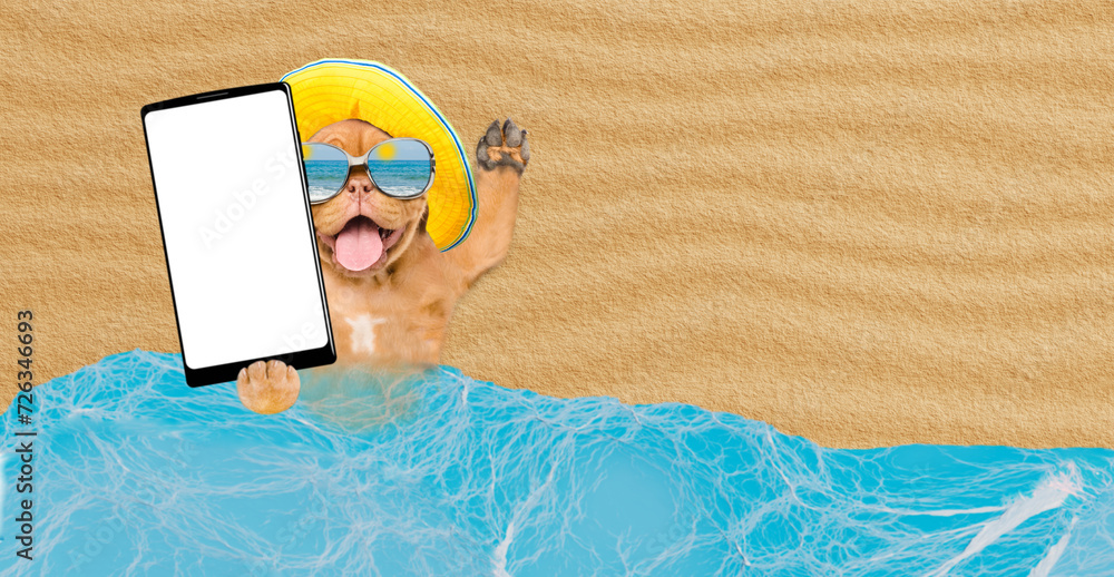 Poster Funny Mastiff puppy wearing summer hat and mirrored sunglasses lying at beach and showing big smartphone with white blank screen in it paw. Empty space for text