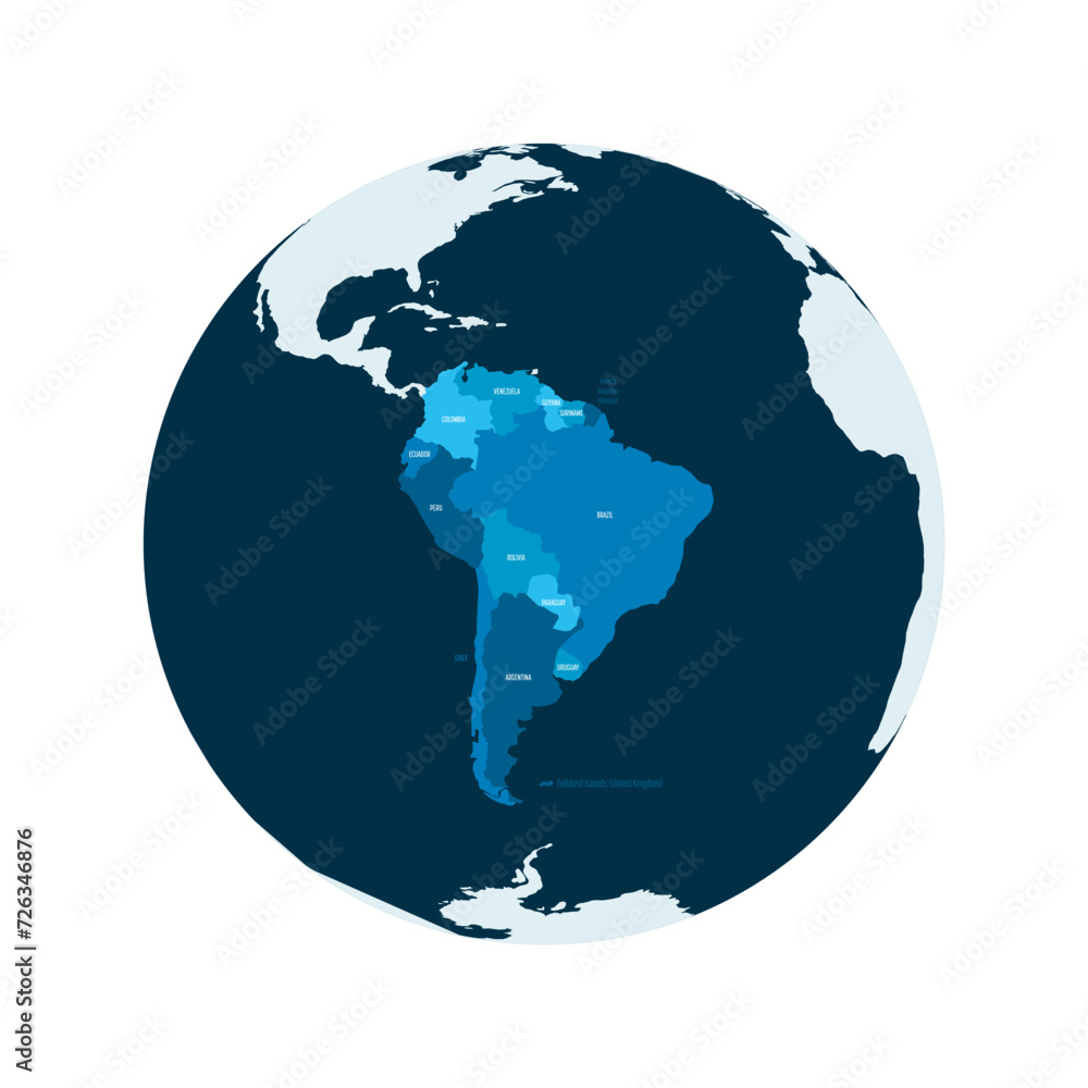 Sticker political map of south america. blue colored land with country name labels on white background. orto - Stickers