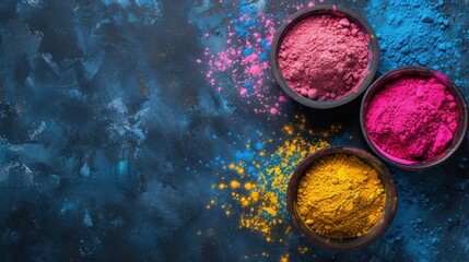 Obraz na płótnie Canvas Holi festival .Top view of colorful holi powder on dark background with copy space for text.