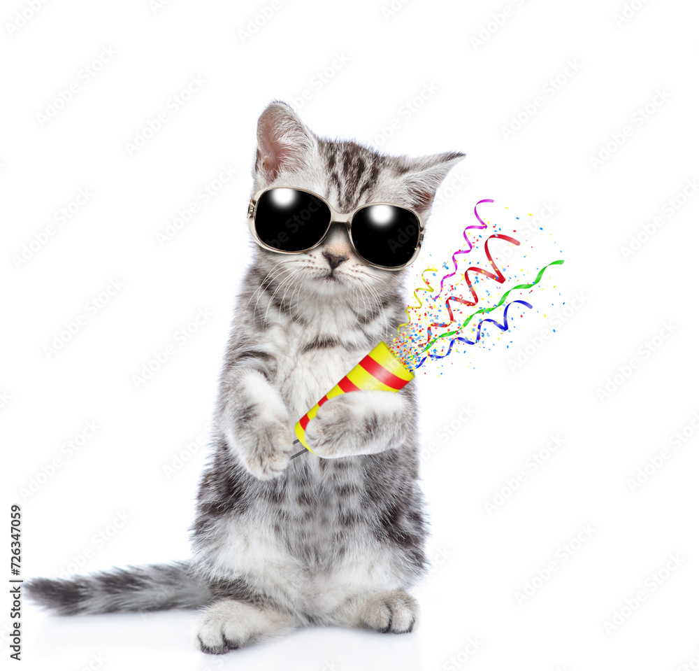 Poster cute kitten wearing sunglasses holds exploding firecracker. isolated on blue background