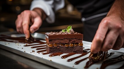 Close-up of a pastry chef decorating a chocolate dessert before serving in a restaurant.