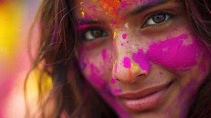 Poster Holi festival . Portrait of a girl in colorful powder explosion. generative AI image © wikkie
