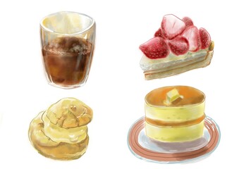 水彩で描いたカフェメニュー デザートイラストセット