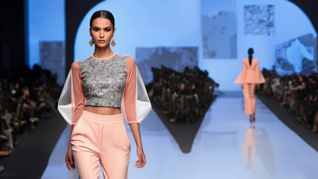 Animated image shows a fictitious fashion show. The outfit designed by AI contains current fashion themes. Endless loop with emerging bullet points.